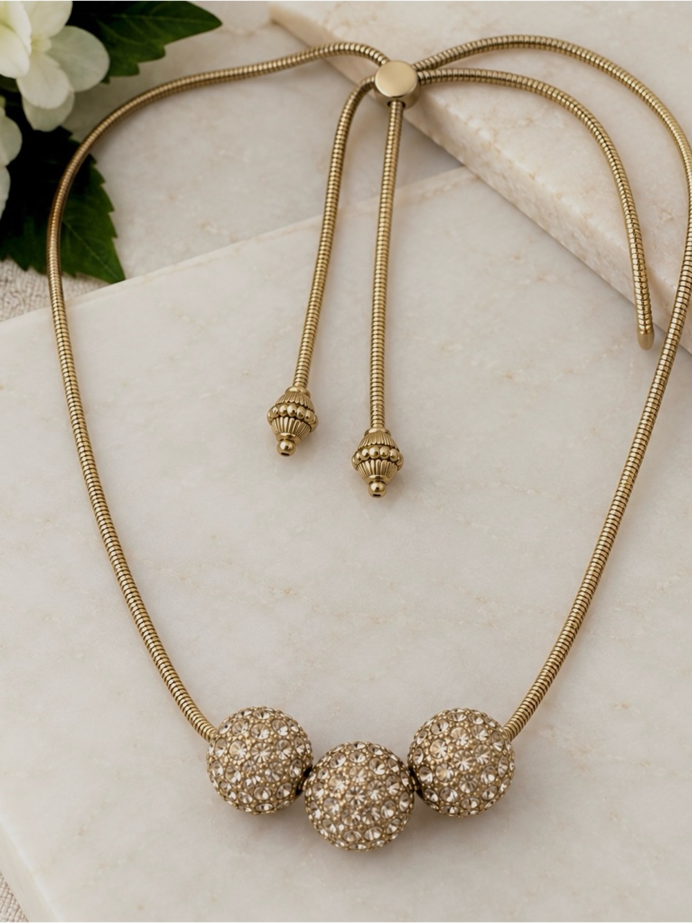 Chicos Gold tone Crystal Trio Slider Necklace